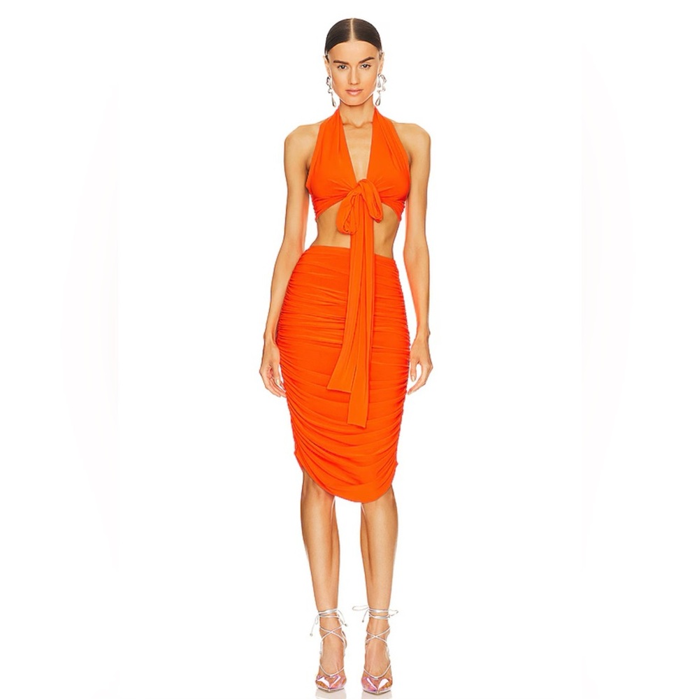 REVOLVE Norma Kamali Vibrant Orange 2 PIECE shirred skirt and wrap top
